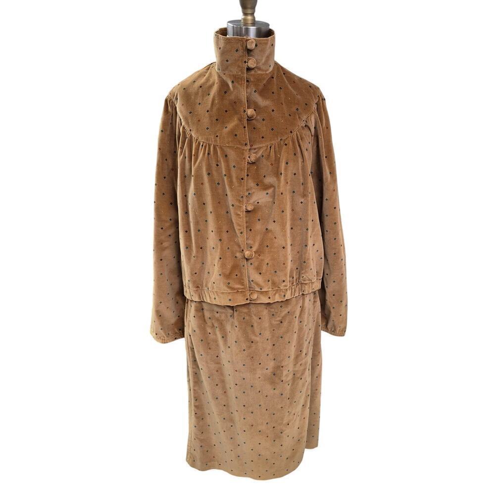 Vtg 80s Sandy Chrysler California High Neck Skirt Suit Plush Brown Confetti M/L